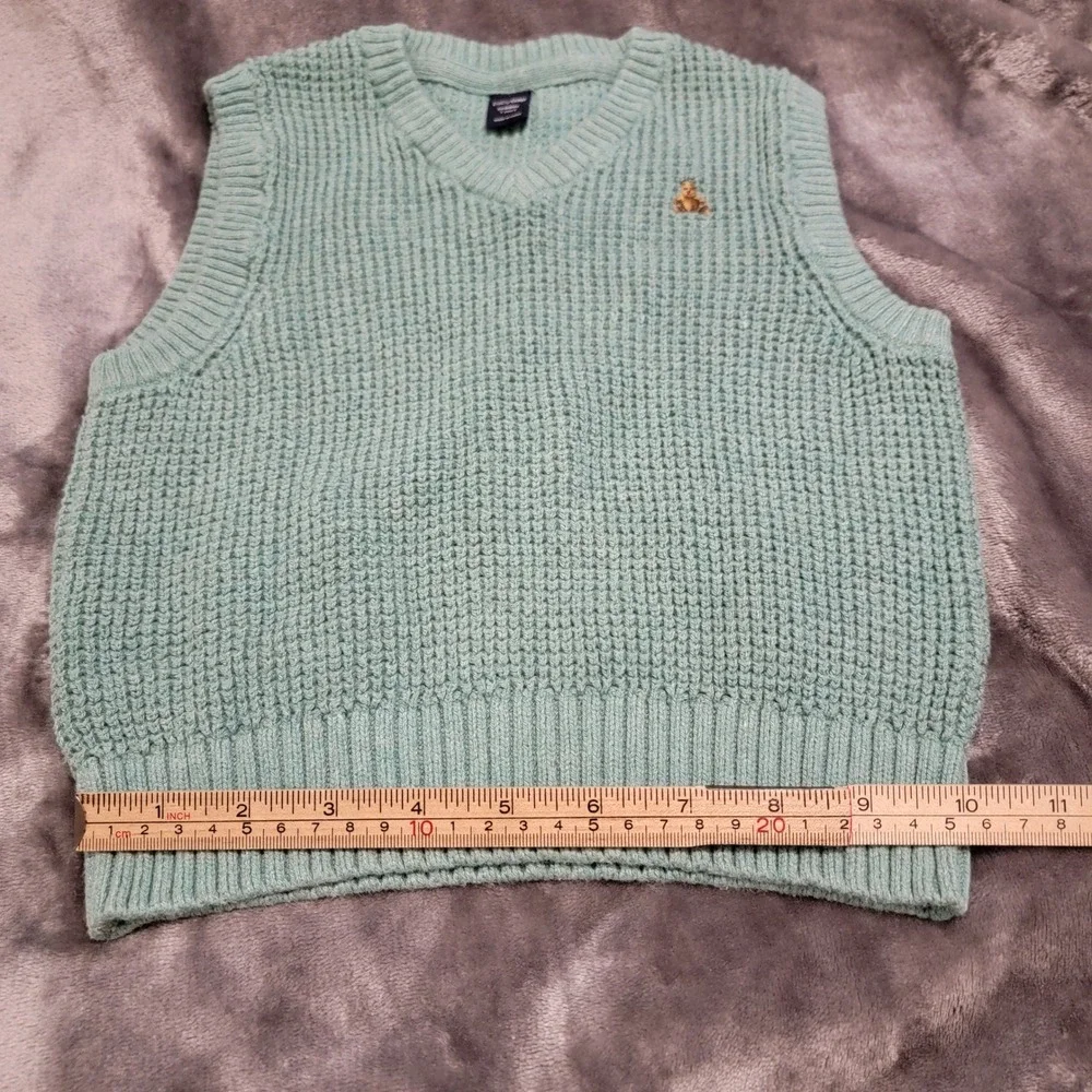 Baby Gap Sweater Vest Toddler 2Y Green Excellent Waffle Knit Bear Logo V-Neck